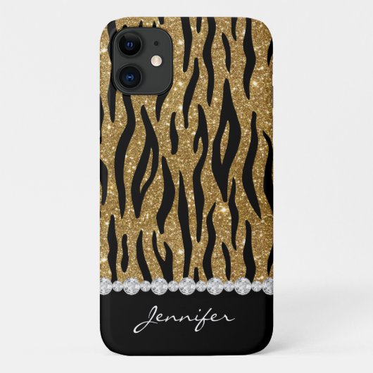 Black & Gold Glitzer Tiger Druckdiamanten W/Name Case-Mate iPhone Hülle (Rückseite)