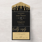 Black & Gold Glitzer Tropfen Hochzeit All In One Einladung (Innen Boden)