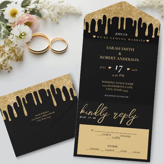 Black & Gold Glitzer Tropfen Hochzeit All In One Einladung
