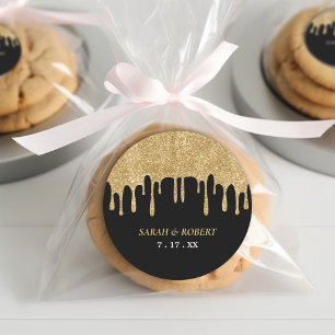 Black & Gold Glitzer Tropfen Hochzeit Runder Aufkleber