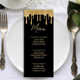 Black & Gold Glitzer Tropfen Hochzeitsempfang Menükarte