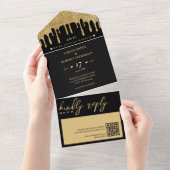Black & Gold Glitzer Tropfen QR Code Hochzeit All In One Einladung (Abreißen)