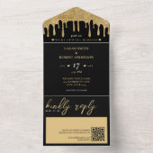Black & Gold Glitzer Tropfen QR Code Hochzeit All In One Einladung (Innen Boden)