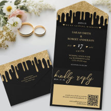 Black & Gold Glitzer Tropfen QR Code Hochzeit