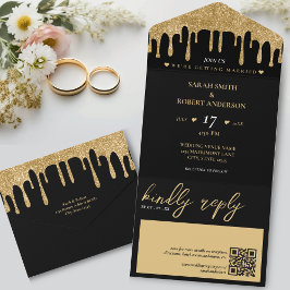 Black & Gold Glitzer Tropfen QR Code Hochzeit All In One Einladung