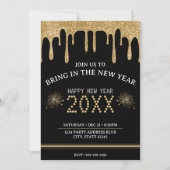 Black & Gold Glitzer Tropfen Silvester Party 2024 Einladung (Vorderseite)