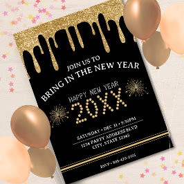Black & Gold Glitzer Tropfen Silvester Party 2024 Einladung