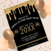 Black & Gold Glitzer Tropfen Silvester Party 2024 Einladung