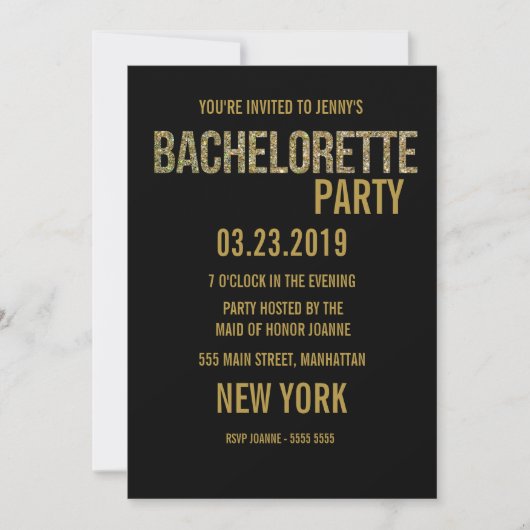 Black Gold Glitzer Typografie Bachelorette Einladu Einladung (Vorderseite)
