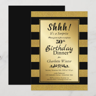 Black & Gold Glitzer Überraschung 50. Geburtstag A Einladung