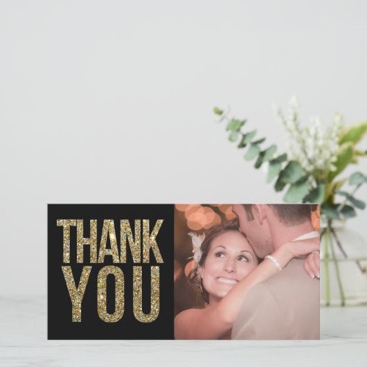 Black & Gold Glitzer Vielen Dank für Ihre Fotokart Dankeskarte (Stehend Vorderseite)