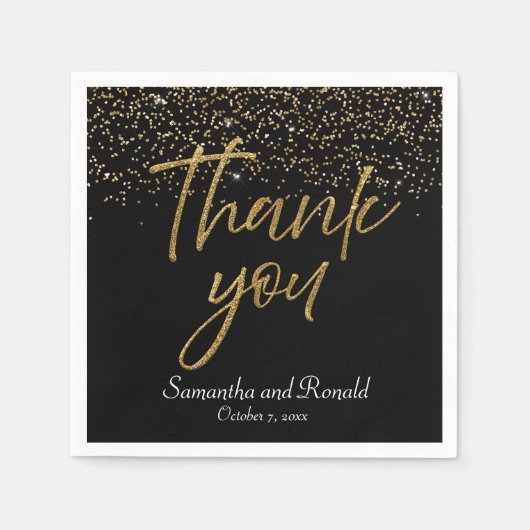 Black & Gold Glitzer Vielen Dank für Ihre Hochzeit Serviette (Vorderseite)