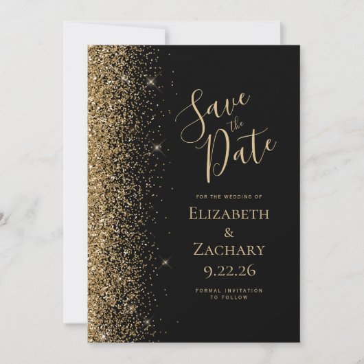 Black Gold Glitzern Edge Save the Date Ankündigung (Vorderseite)