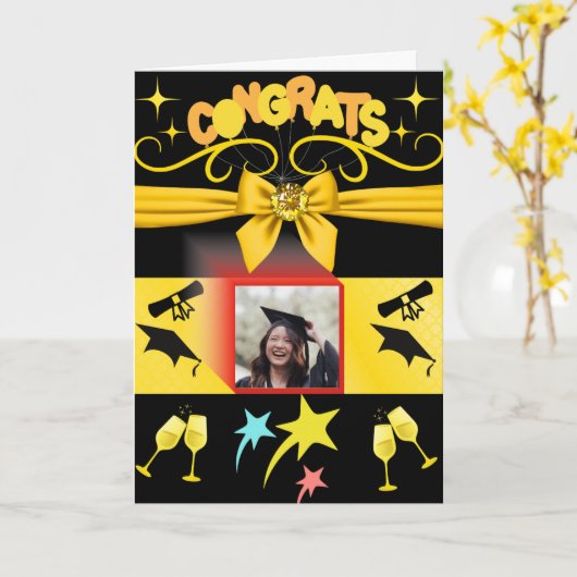 Black & Gold Glückwunschs Moderne Abschluss Studie Karte (Gelbe Blume)