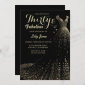 Black Gold Gown 30. Geburtstag Einladung (Vorne/Hinten)