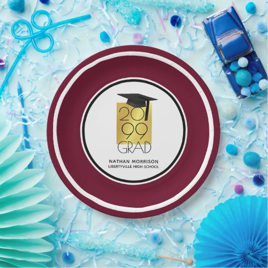 Black & Gold GRAD | Editable Maroon | Abschluss Pappteller (Party)