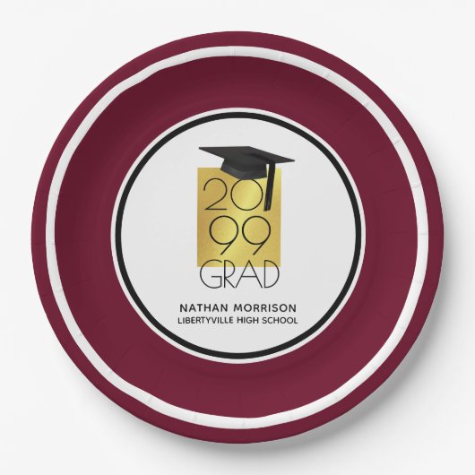 Black & Gold GRAD | Editable Maroon | Abschluss Pappteller (Vorderseite)