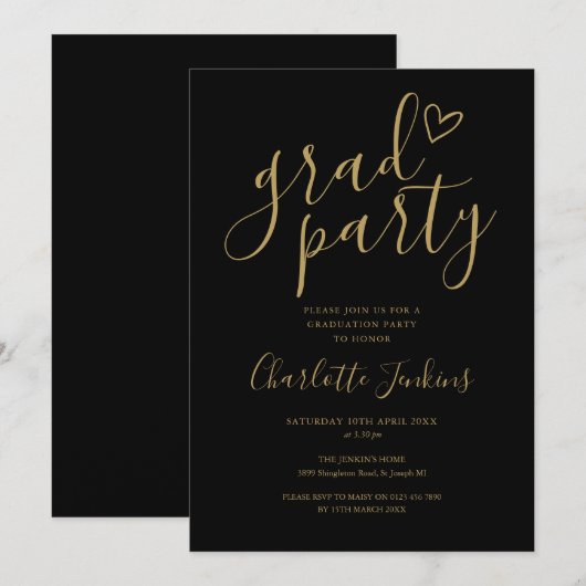 Black Gold Grad Script Herzschrittsparty Einladung (Vorne/Hinten)