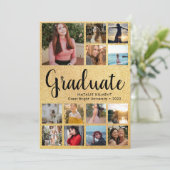 Black & Gold Graduate 14 Foto Collage Abschluss Einladung (Stehend Vorderseite)