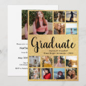Black & Gold Graduate 14 Foto Collage Abschluss Einladung (Vorne/Hinten)