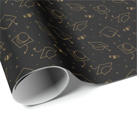 Black & Gold Graduation Cap Toss Wrapping Paper Geschenkpapier (Rolleneckpunkt)