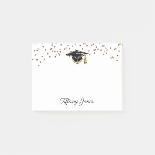 Black & Gold Graduierung Cap mit Gold Glitzer Post-it Klebezettel (Vorderseite)