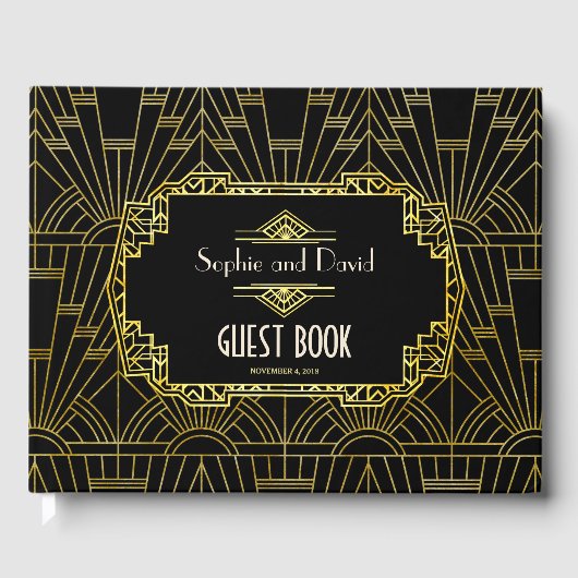Black & Gold Great Gatsby Art Deco Hochzeit Gästebuch (Vorderseite)
