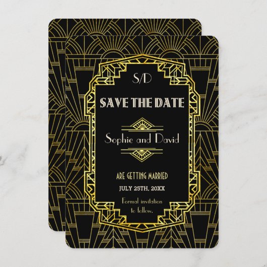 Black & Gold Great Gatsby Art Deco Save the Date Einladung (Vorne/Hinten)