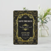 Black & Gold Great Gatsby Art Deco Save the Date Einladung (Stehend Vorderseite)
