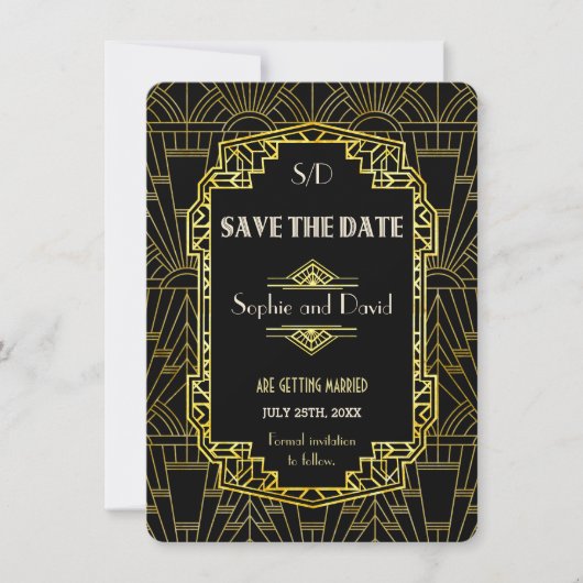 Black & Gold Great Gatsby Art Deco Save the Date Einladung (Vorderseite)
