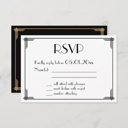 Black Gold Great Gatsby Art Deco Wedding RSVP Card (Vorne/Hinten)