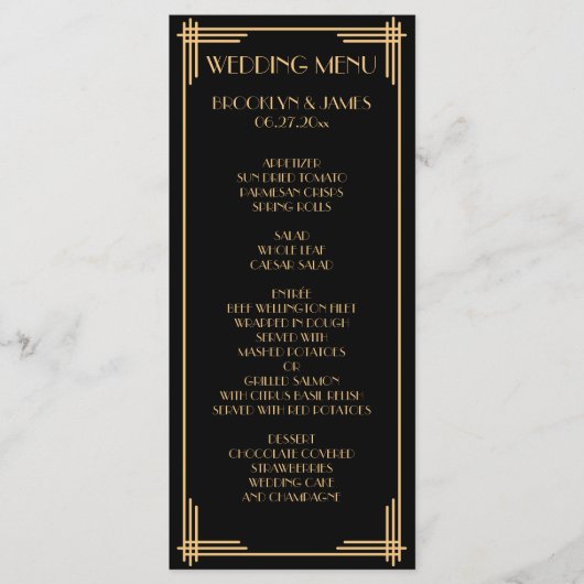 Black Gold Great Gatsby Art Deco Wedelmenü Karte (Vorderseite)