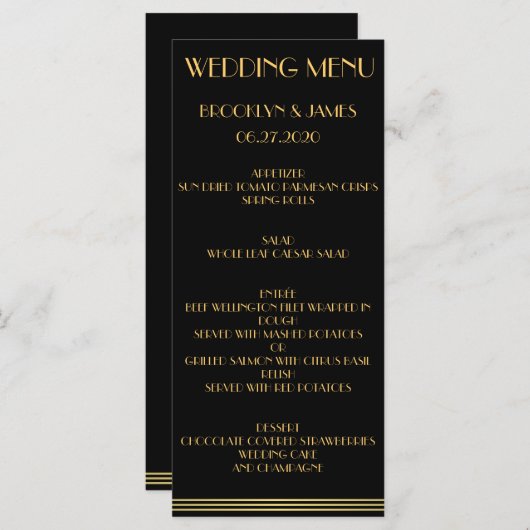 Black Gold Great Gatsby Wedding Menu Cards Menükarte (Vorne/Hinten)