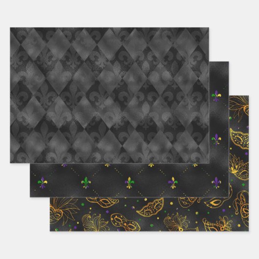 BLACK GOLD GREEN LILA MARDI GRAS PATTERTER GESCHENKPAPIER SET (Set)