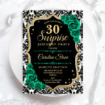 Black Gold Green Rose Überraschung 30. Geburtstag Einladung<br><div class="desc">Überraschung 30. Geburtstag Party Einladung. Weibliches Schwarz,  Weiß und smaragdgrünes Design mit Imitaten Glitzer Gold. Enthält schwarz-weiße Spitzen-Damasketmuster,  Rose,  Skript-Schriftart und Konfetti. Ideal für eine elegante Damenfeier. Kann personalisiert sein,  jedes Alter zu zeigen. Gedruckte Zazzle Einladungen oder Sofortdownload digitalen druckbaren Vorlage.</div>