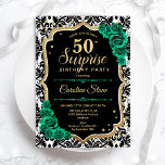 Black Gold Green Rose Überraschung 50. Geburtstag Einladung<br><div class="desc">Überraschung 50. Geburtstagsparty Einladung. Weibliches Schwarz,  Weiß und smaragdgrünes Design mit Imitaten Glitzer Gold. Enthält schwarz-weiße Spitzen-Damasketmuster,  Rose,  Skript-Schriftart und Konfetti. Ideal für eine elegante Damenfeier. Kann personalisiert sein,  jedes Alter zu zeigen. Gedruckte Zazzle Einladungen oder Sofortdownload digitalen druckbaren Vorlage.</div>