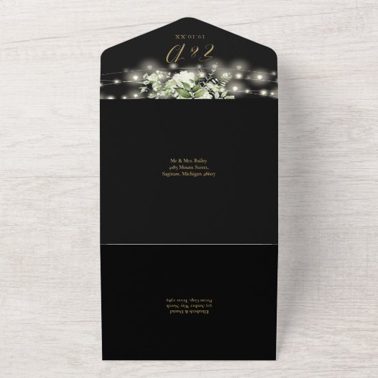 Black Gold Greenerity String Lights QR Code Weddin All In One Einladung (Außenbereich)