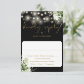Black Gold Greenery Blues String Lights Hochzeit RSVP Karte (Stehend Vorderseite)