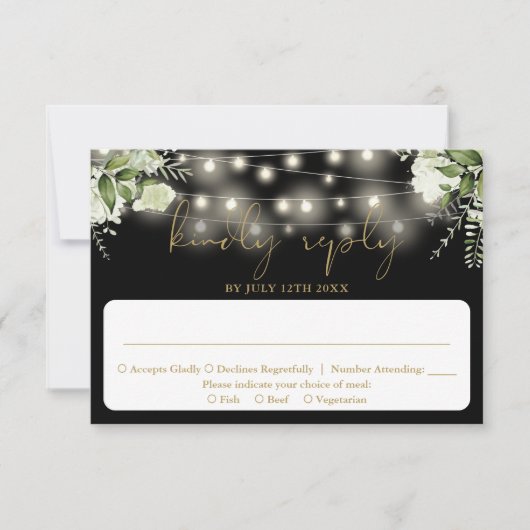 Black Gold Greenery Blues String Lights Hochzeit RSVP Karte (Vorderseite)