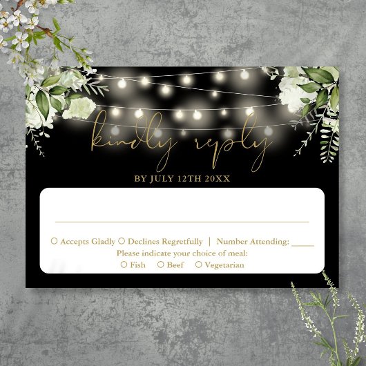Black Gold Greenery Blues String Lights Hochzeit RSVP Karte