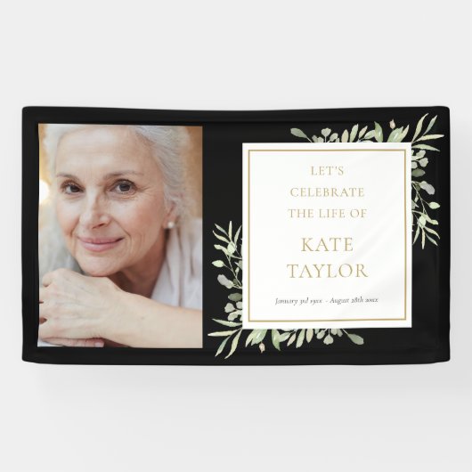 Black Gold Greenery Foto Beerdigung Gedenkveransta Banner (Horizontal)