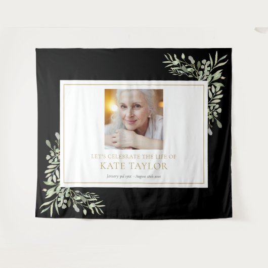 Black Gold Greenery Foto Beerdigung Gedenkveransta Wandteppich (Vorderseite (Horizontal))