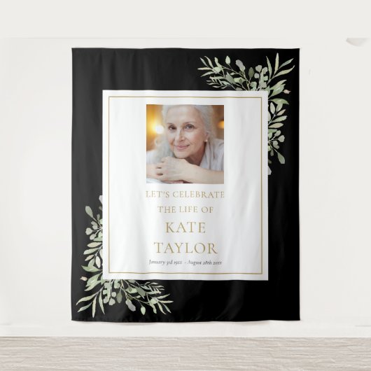 Black Gold Greenery Foto Beerdigung Gedenkveransta Wandteppich (Vorderseite)