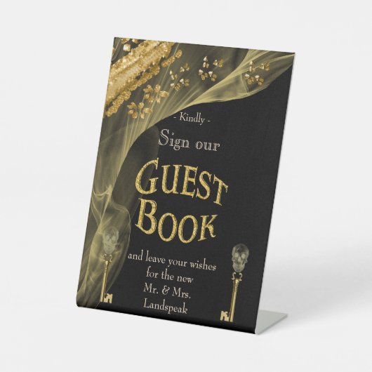 Black & Gold Halloween Skeleton-Gästebuch Sockelschild (Vorderseite)