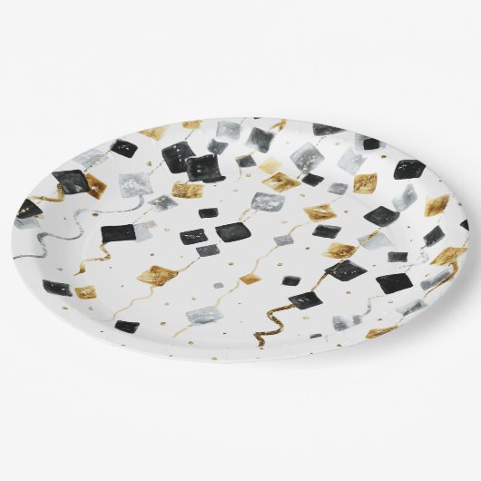 Black Gold Happy New Year Confetti Pappteller (Schrägansicht)