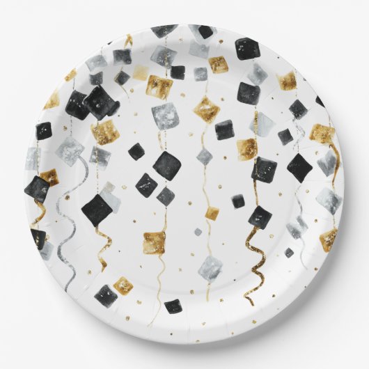 Black Gold Happy New Year Confetti Pappteller (Vorderseite)
