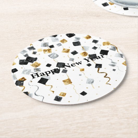 Black Gold Happy New Year Confetti Runder Pappuntersetzer (Angewinkelt)