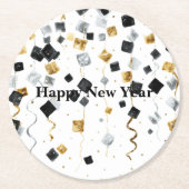 Black Gold Happy New Year Confetti Runder Pappuntersetzer (Vorderseite)