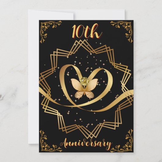 Black & Gold Heart Chic 10. Hochzeitstag Einladung (Vorderseite)