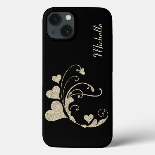 Black Gold Heart Swirl Imitate Glitzer Case-Mate iPhone Hülle (Rückseite)